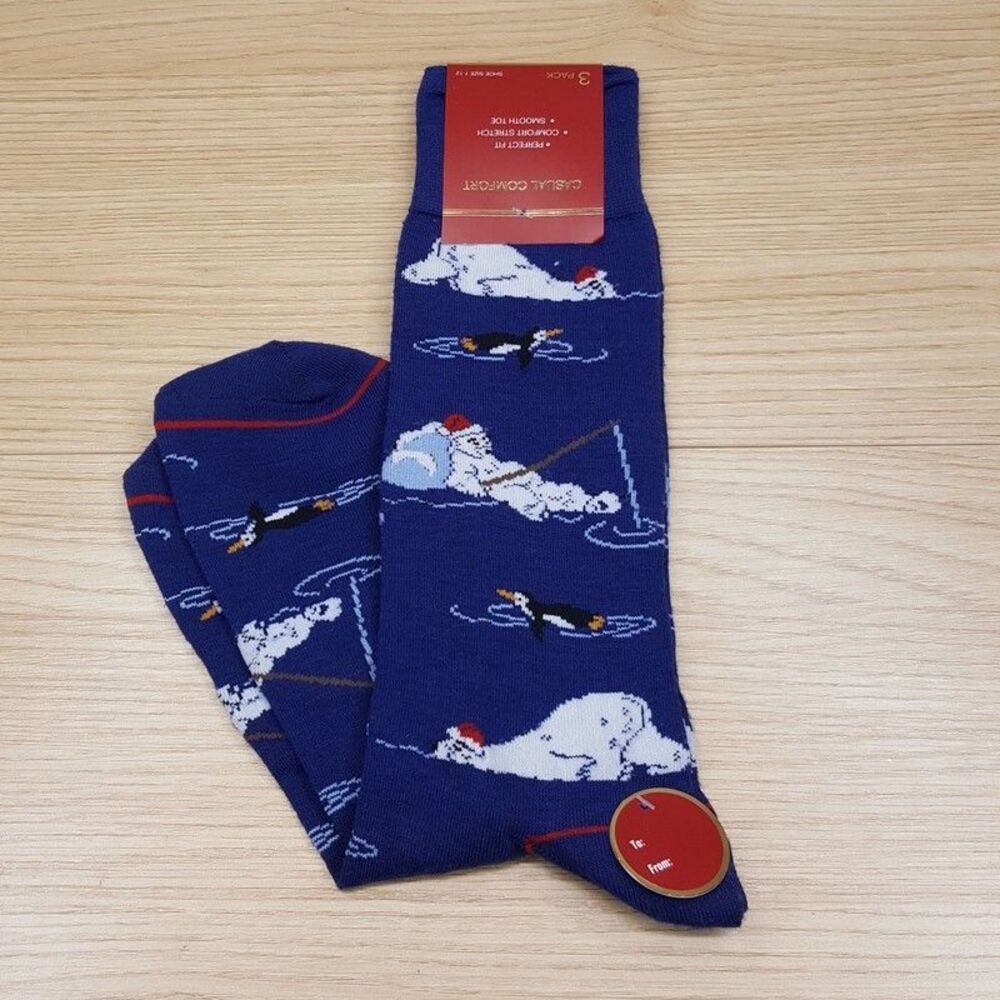 PERRY ELLIS Mens Crew Dress Socks Blue Polar Bear Christmas Holiday 1-Pack